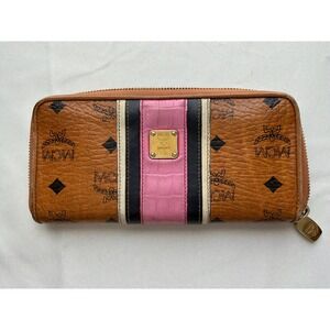 MCM Visetos Zip Around Wallet Cognac Monogram Pink Croc Stripe Gold Plaque